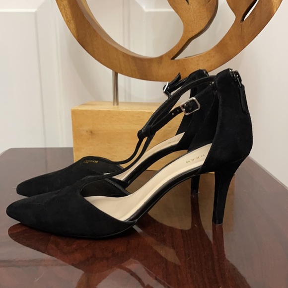 Cole Haan Suede T-Strap MaryJane Zip-Back Heels - Black - 9M US - Picture 1 of 7